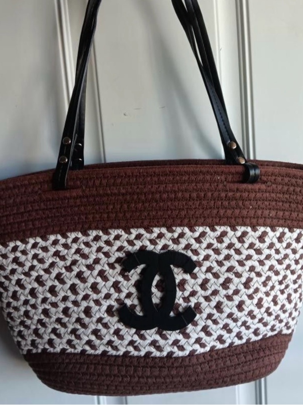 GWP-CHANEL Chic Brown & White Woven Tote with Black Wooden Logo